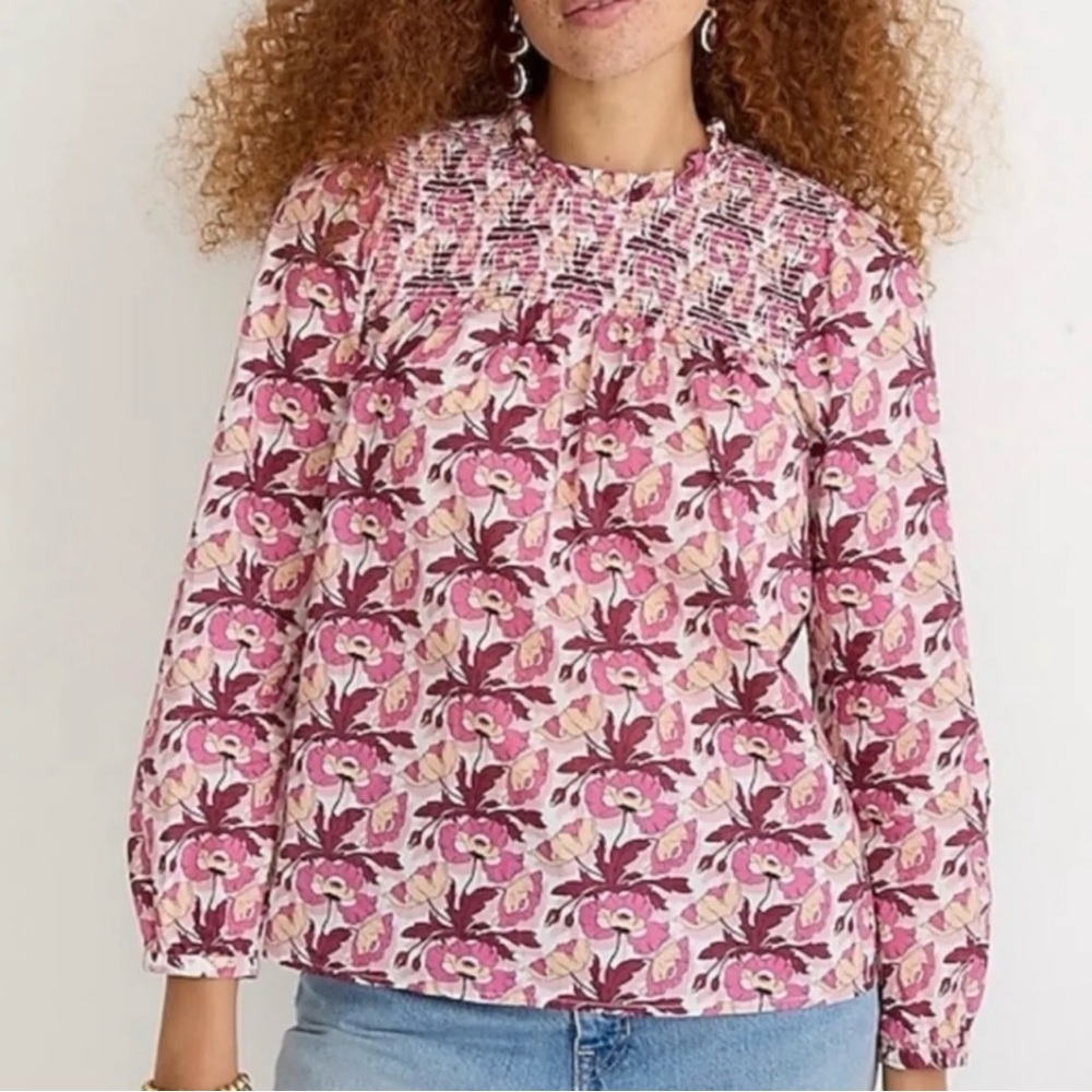 J. Crew Liberty Smocked Blouse Butterfield Poppy Floral Pink size Small